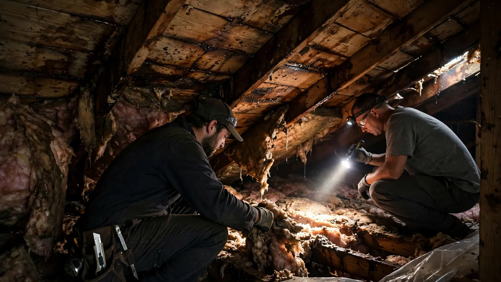 Two technicians with flashlights inspecting water-stained roof decking and wet insulation in an attic