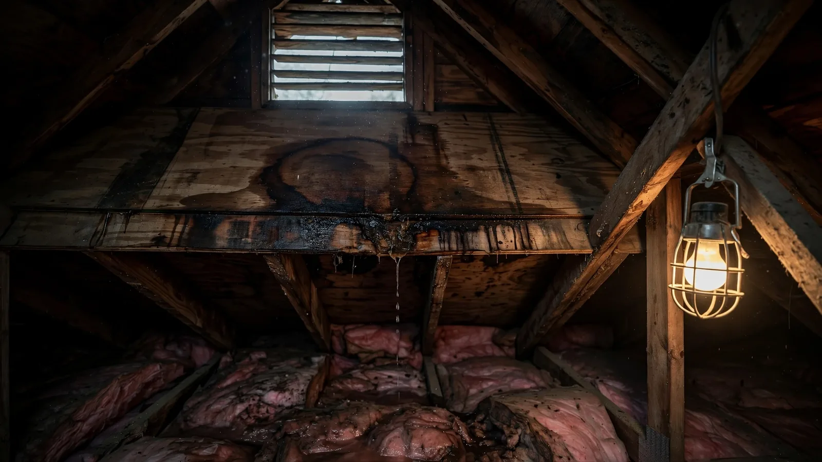 Attic roof decking with a dark water stain and soaked insulation