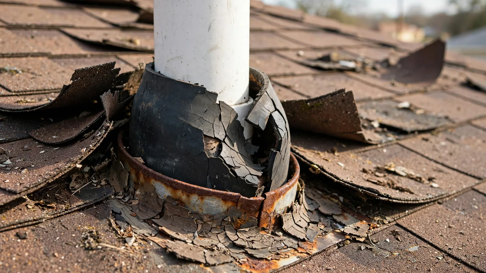 Cracked rubber pipe boot and rusted flashing around a roof vent