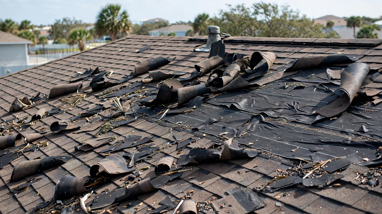 Shingle roof section with wind-torn and missing shingles