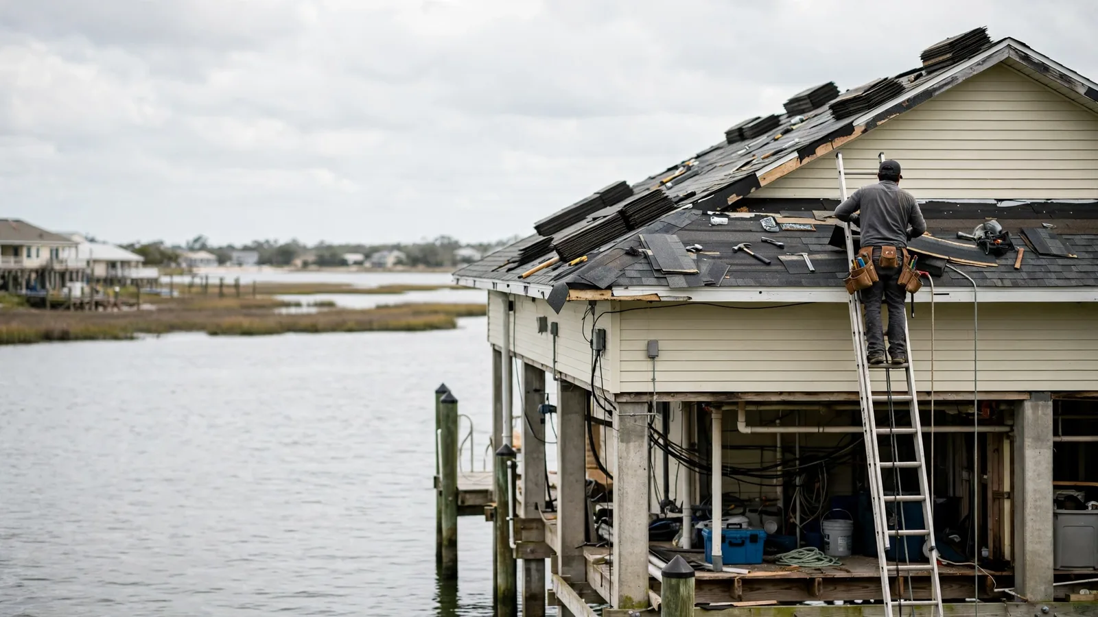Roofer on a ladder at the roof edge of a raised bay-front house