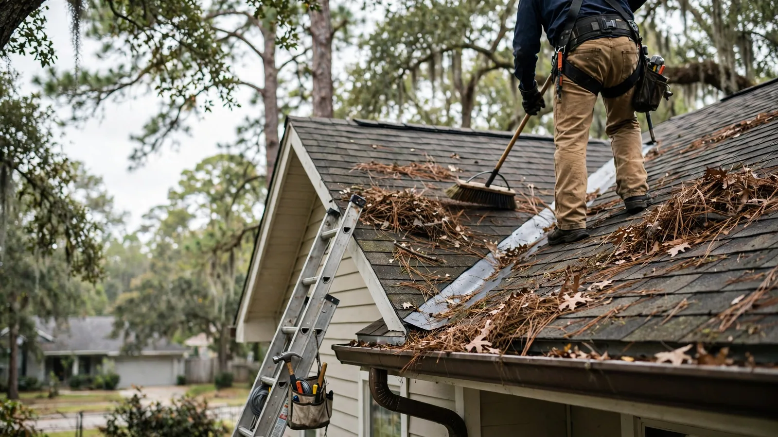 Roofer clearing leaves and needles from a roof valley under tall trees
