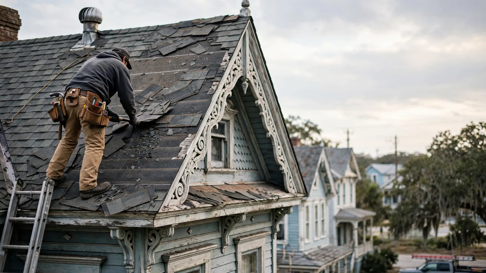 Roofer working on the roof of a historic Victorian house