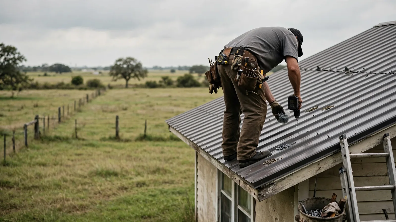 Roofer replacing fasteners on a metal roof beside open pasture