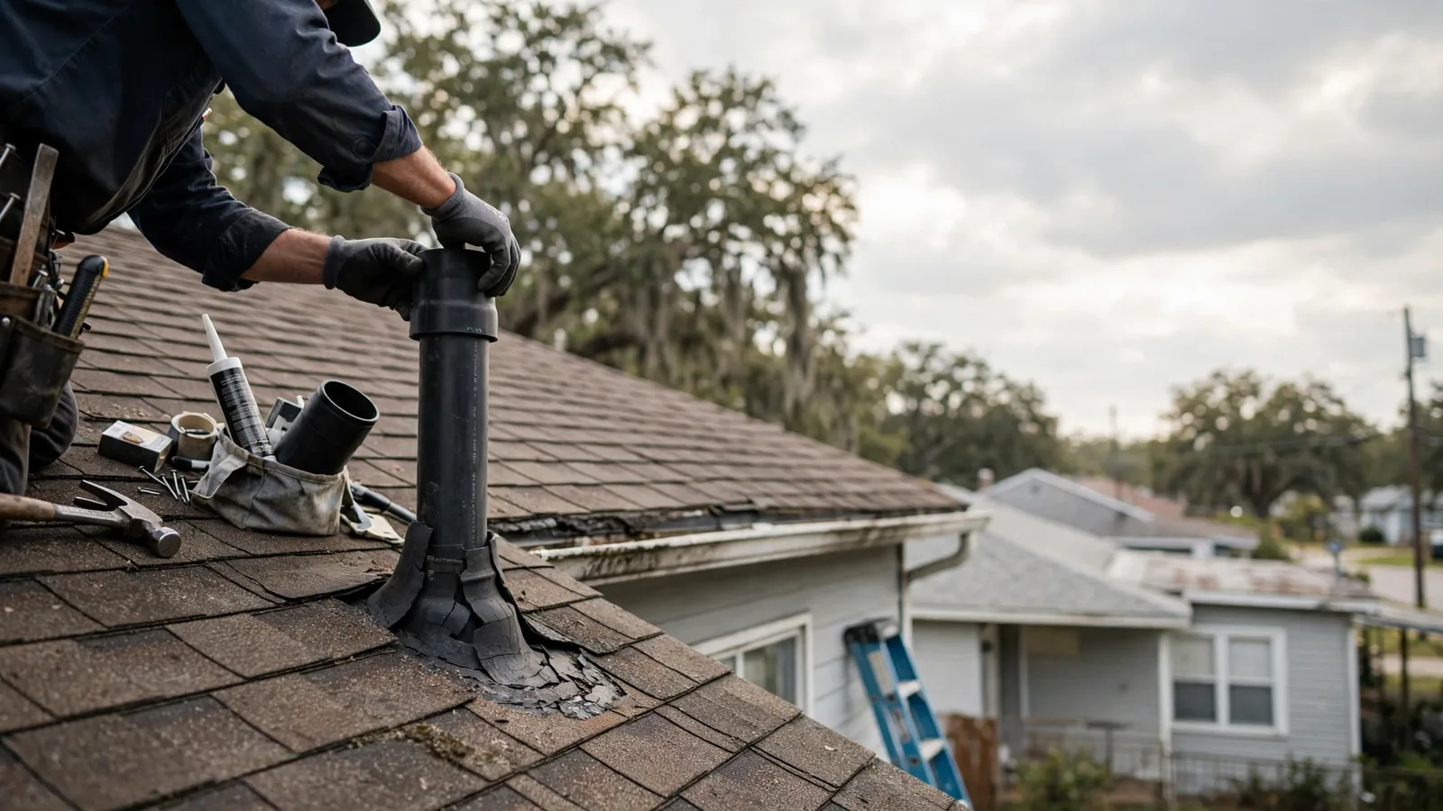 Roofer replacing a cracked pipe boot on a shingle roof