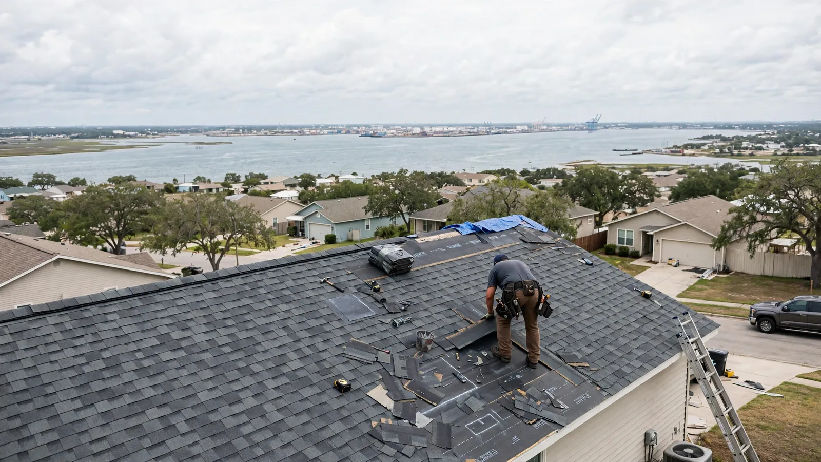 Roofer working on a shingle roof with Galveston Bay in the distance