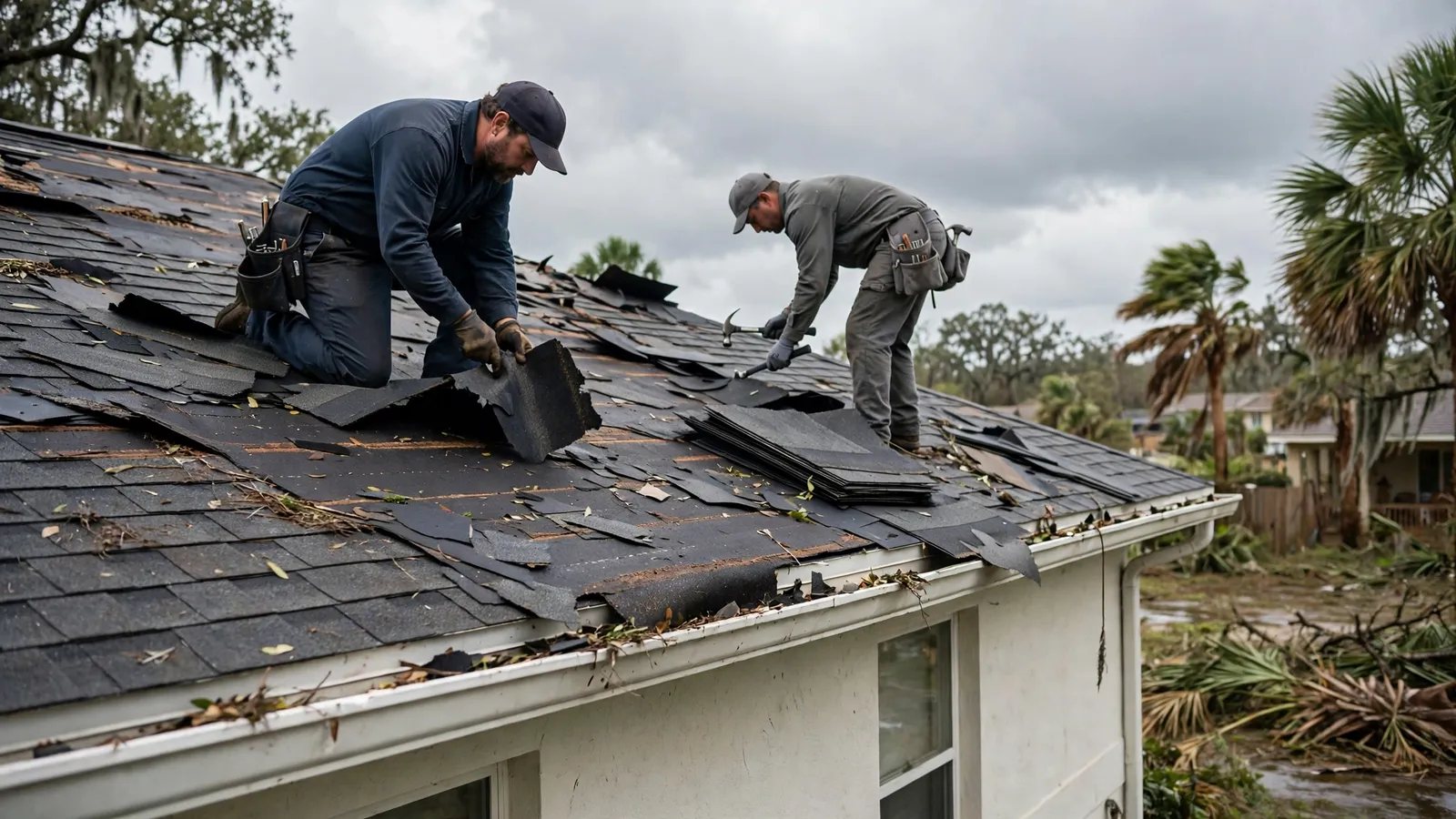 Roofers working on a shingle roof with wind-lifted and missing shingles after a storm